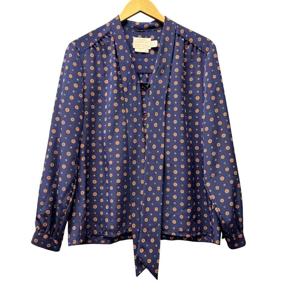 Pendleton Country Sophisticates Blouse Womens 16 Bow‎ Tie Neck Blue Vintage USA